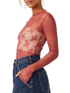 Women's Sheer Floral Lace Overlay Top in Rose